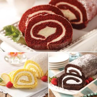 Shop now Swirl Cake Trio Collection featuring Red Velvet Swirl Cake, Lemon Creme Swirl Cake, and Chocolate Swirl Cake Photo